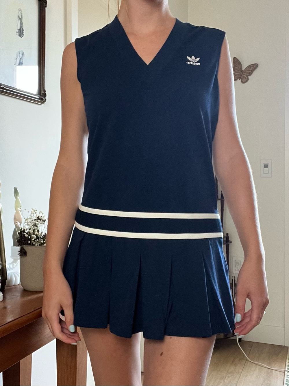 adidas Navy Sleeveless Tennis Dress with White Waist Stripes